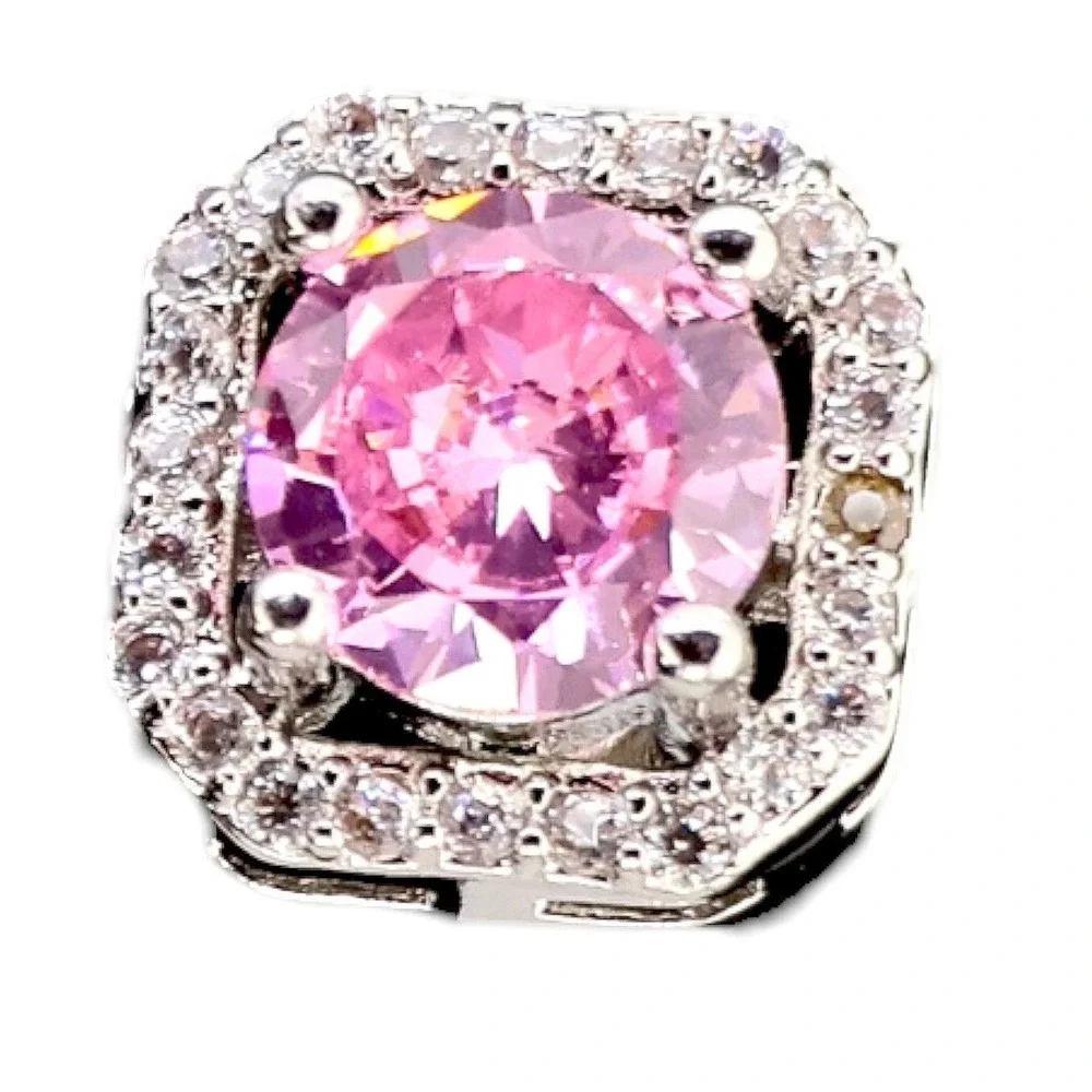 Swarovski Elements Pink Crystal Cushion Pavé Halo Stud Earrings Silver Tone New